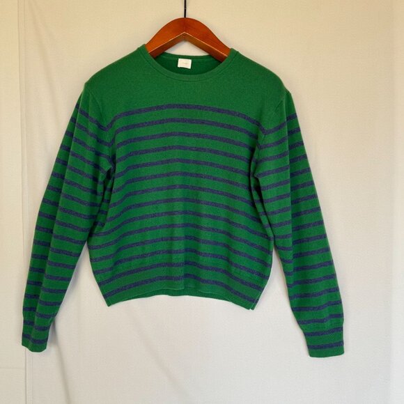C.T. Plage 100% Cashmere Kelly Green Navy Blue Strip Crew Neck Sweater Size S - Picture 1 of 12